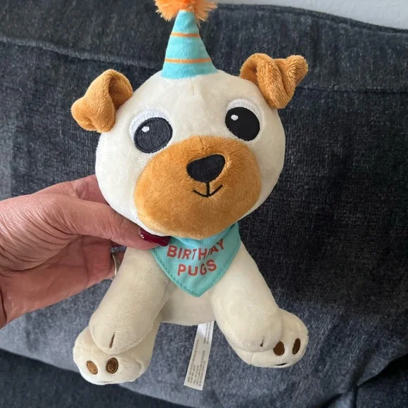 Plush Birthday Pug Dog Toy - Cream & Brown with Teal Bandana, New without tag 🏷️ - Picture 5 of 5